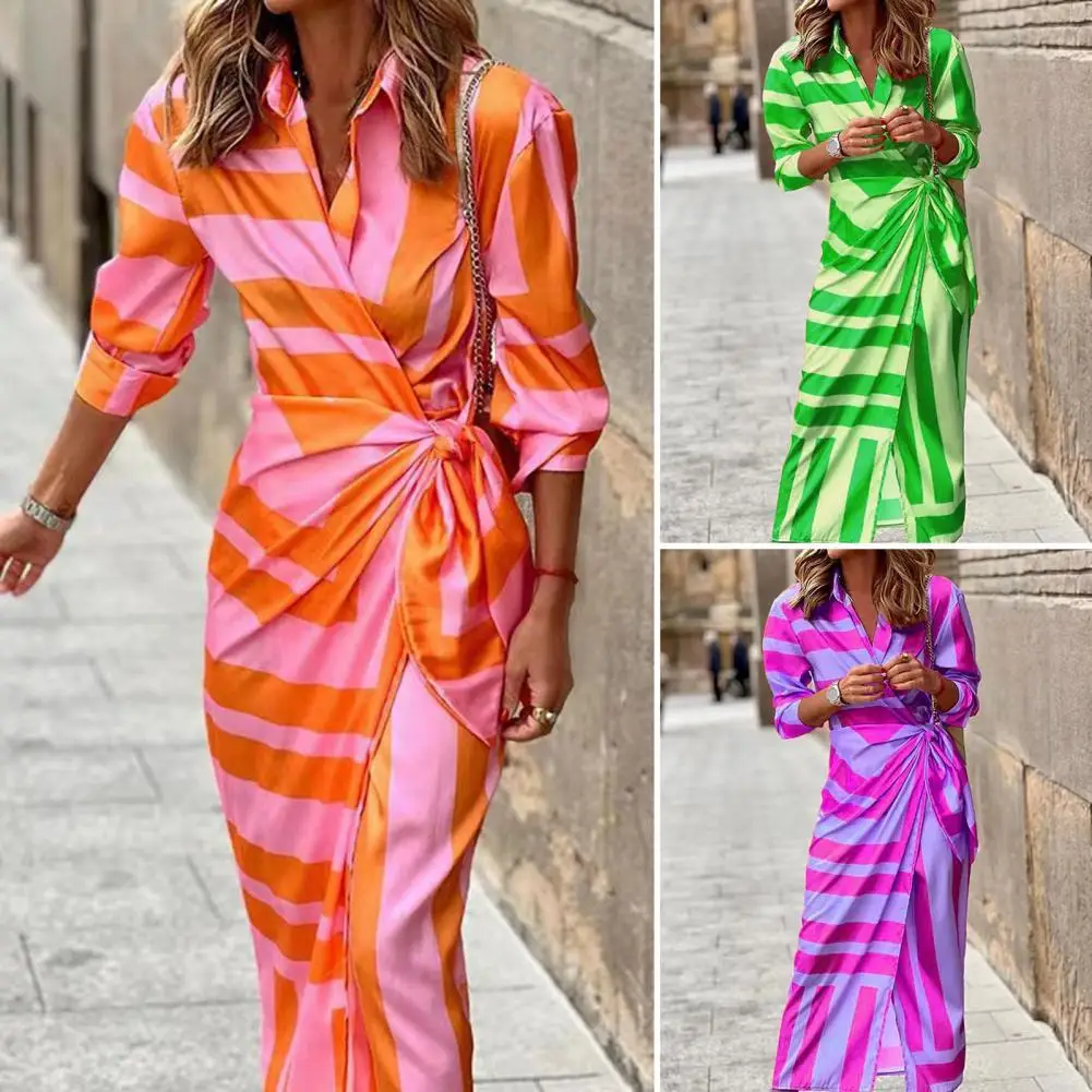

New Spring Summer Fashion Print Dress Elegant Blouse Neck Tie Mid Length Striped Skirt Casual Street Women's Wear Long Dresses