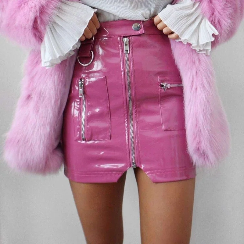 

Cute Shiny Leather Skirts High Low Mini Skirt Peach Pink Sexy Fashionable All Match Zipper Multi Pocket A Line Dress For Women