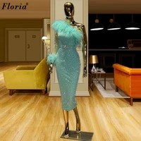 Mint Green Tea-Length Prom Dresses Mermaid One Shoulder Cocktail Dresses With Feathers Glitter Birthday Outfits For Women