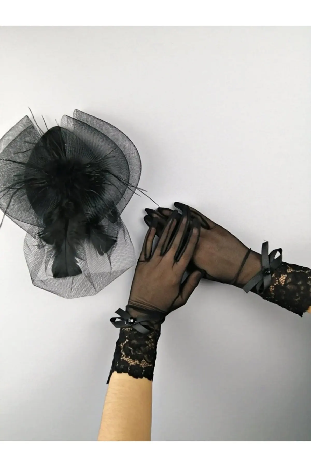 

Black Vualet And Black Bow Bridal Gloves BNTXNKH-46 Lace Mesh Bridal Transparent Elegant Fishnet Silk Tulle Guipure