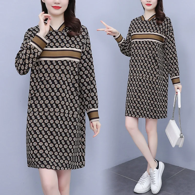

Korean Hooded Sweater Dress Women 2022 Spring Autumn New Loose Casual Mid-Length Vintage Printed Robe Dress Vestidos Female G377