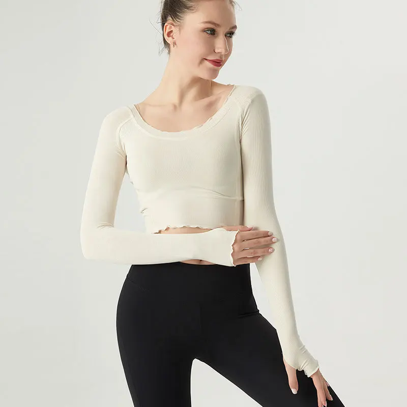 

Yoga Shirt Crop Top Long Sleeves Sexy Women Wavy Round Collar Tops Female High Elastic Sports Fitness Workout Tight Gym Clothes