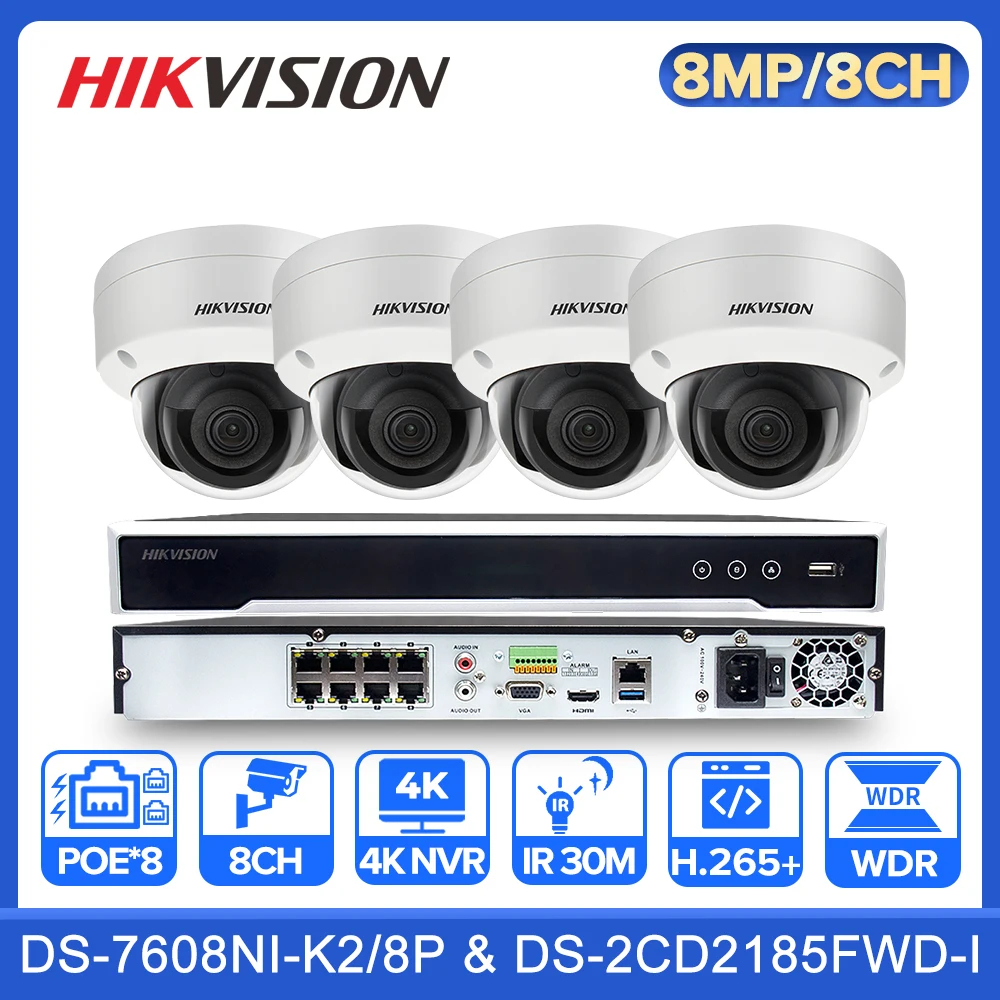 Комплекты видеонаблюдения Hikvision 8 Мп 4K POE DS-2CD2185FWD-I каналов IP-камера IK10 система с