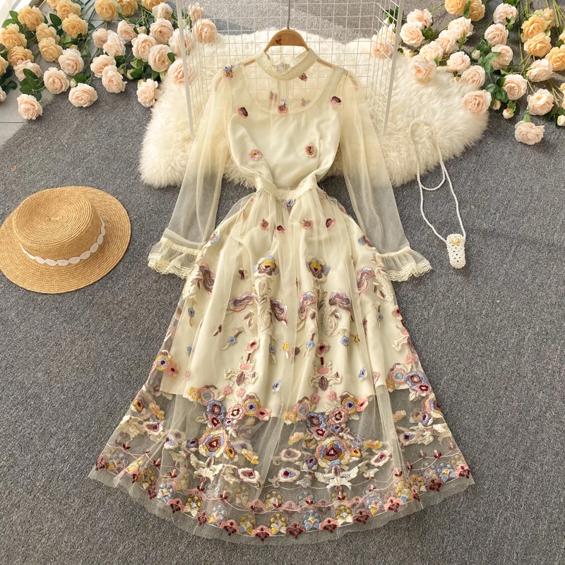 Spring and Summer New Seaside Resort Beach Long Dress Women's Retro Chinese Style Embroidered Embroidered Mesh Minority Dress