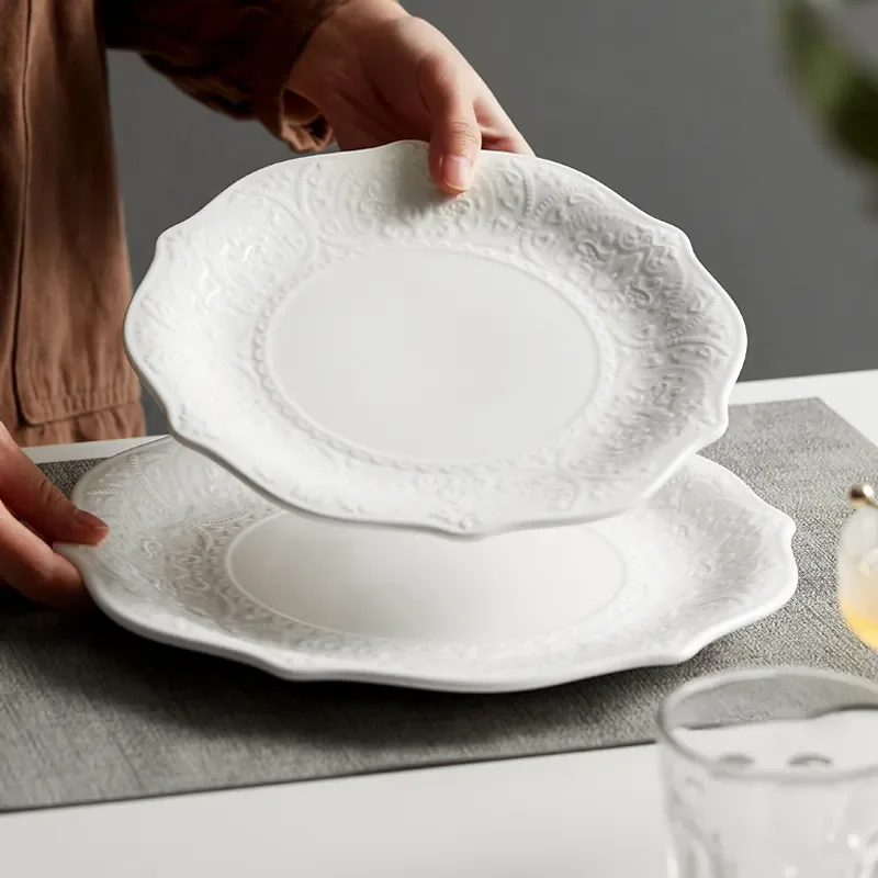 

Classical Ceramic White Tableware Steak And Hotel Relief Nordic Tea Plate Dish Modern European Restaurant Pasta Afternoon