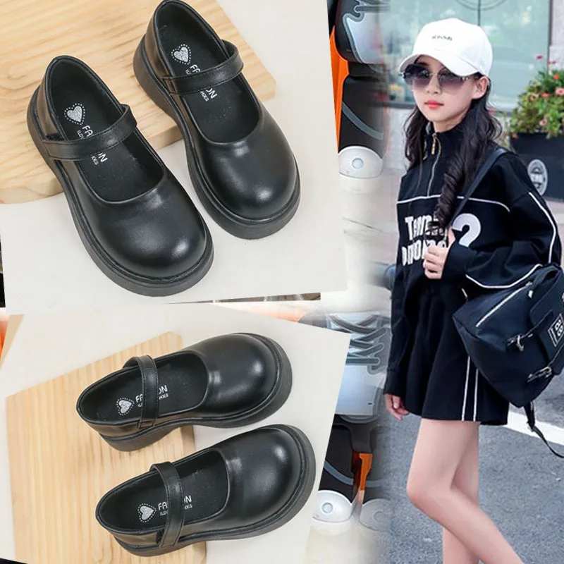 

Туфли в британском стиле для девочек, кожаные туфли для принцесс, Джейн, плоская подошва, Горох, Мэри, черные, для школы, для детей