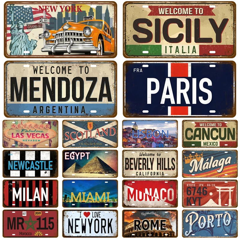 

License Plate City State Tin Sign Famous City Plaque Landmark Metal Sign Wall Decor Garage Bar Pub Club Hotel Cafe Kitchen Home