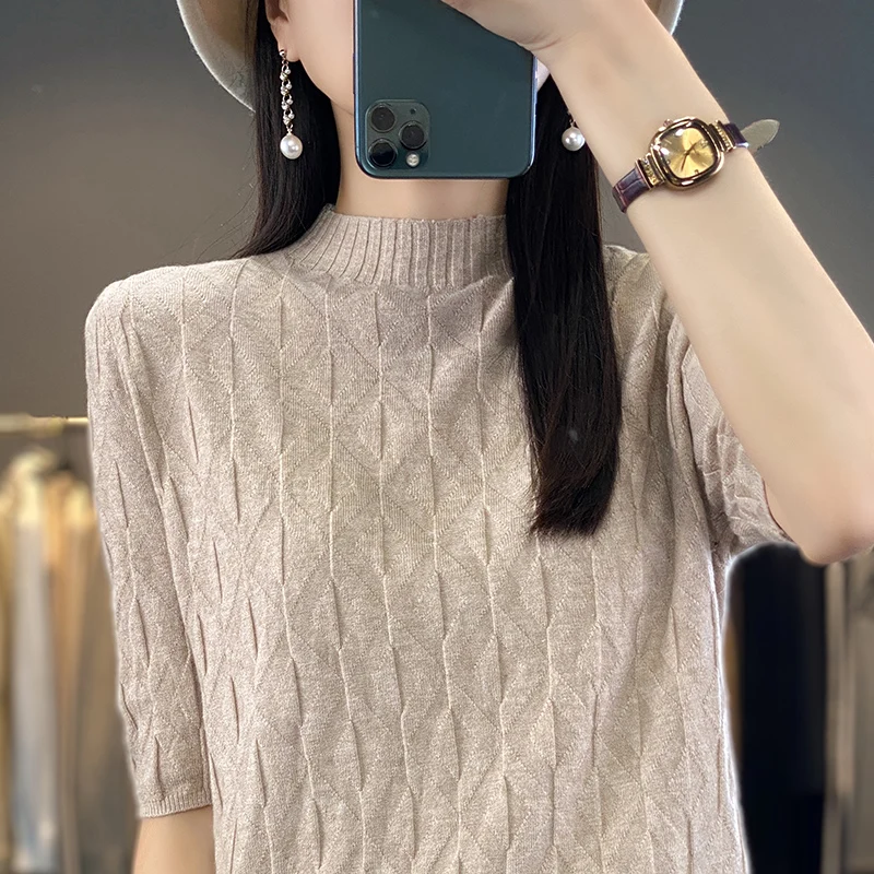 

2023 Spring Summer New Woolen Sweater Women's Round Neck Half Height Diamond Checker Print Solid Color Casual Style Knitted Top