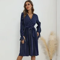 2022 new autumn and winter pleated lace up skirt hollow retro polka dot deep v sexy dress vestidos de mujer
