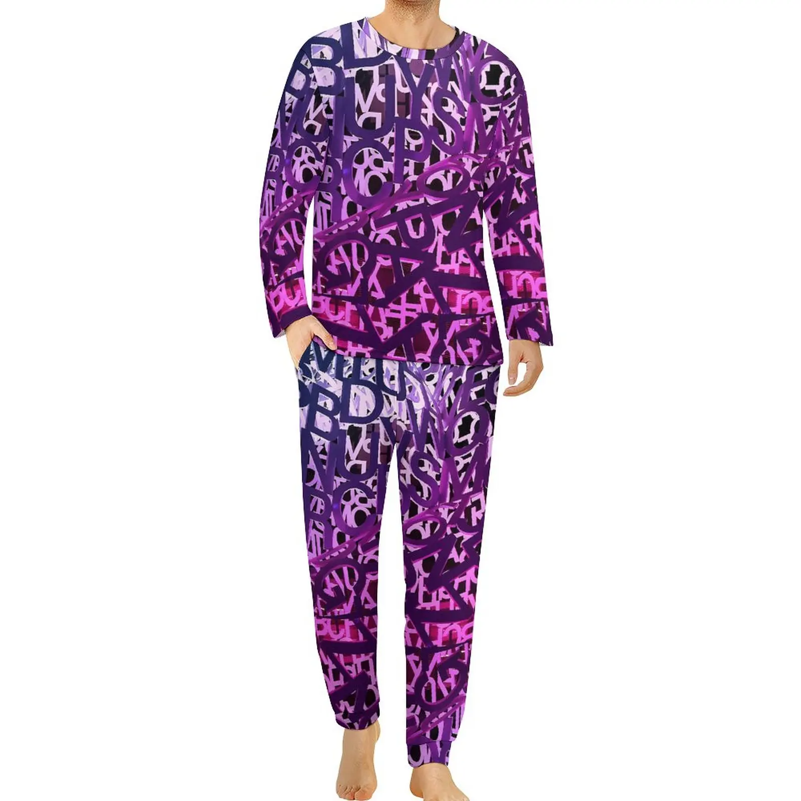 

Abstract Letter Pajamas Spring Two Piece Purple Gradient Cool Pajamas Set Man Long-Sleeve Bedroom Print Nightwear Big Size 5XL