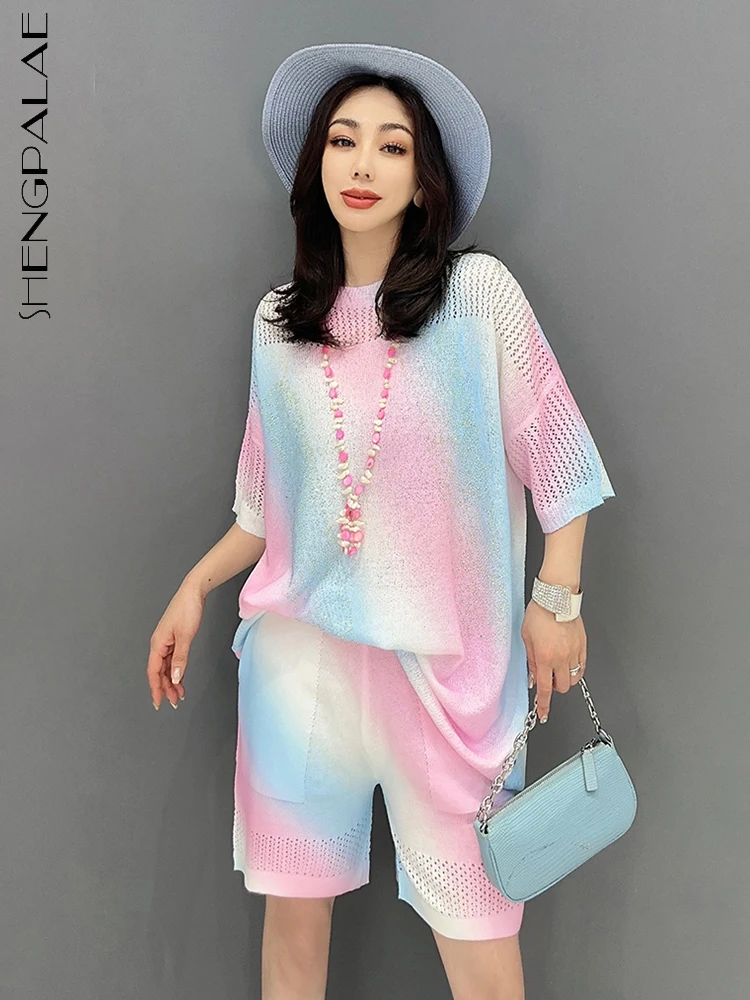 

SHENGPALAE 2 Piece Set Korean Fashion Elegant Chic O-neck Shirt Casual Loose Shorts Women's Suit 2023 Summer New Clothing 5R3060