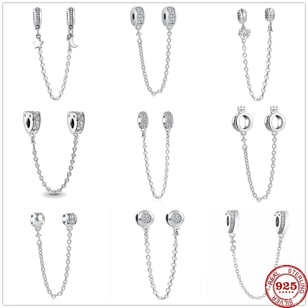 

New 925 Silver Sparkling Sparkle Star Moon Safety Chain Charm Bead Fit Original Bracelet Pendant DIY Jewelry For Women