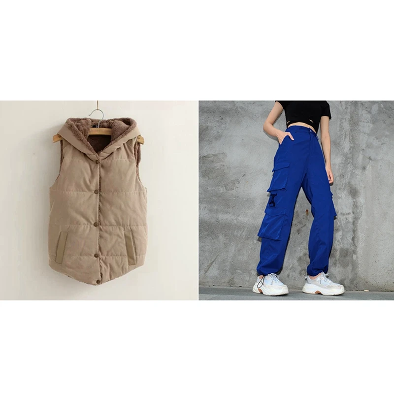 

1 Pcs Coral Fleece Hooded Women Vest Khaki XL & 1 Pcs Big Pocket Overalls Loose Cargo Pants L Size Blue