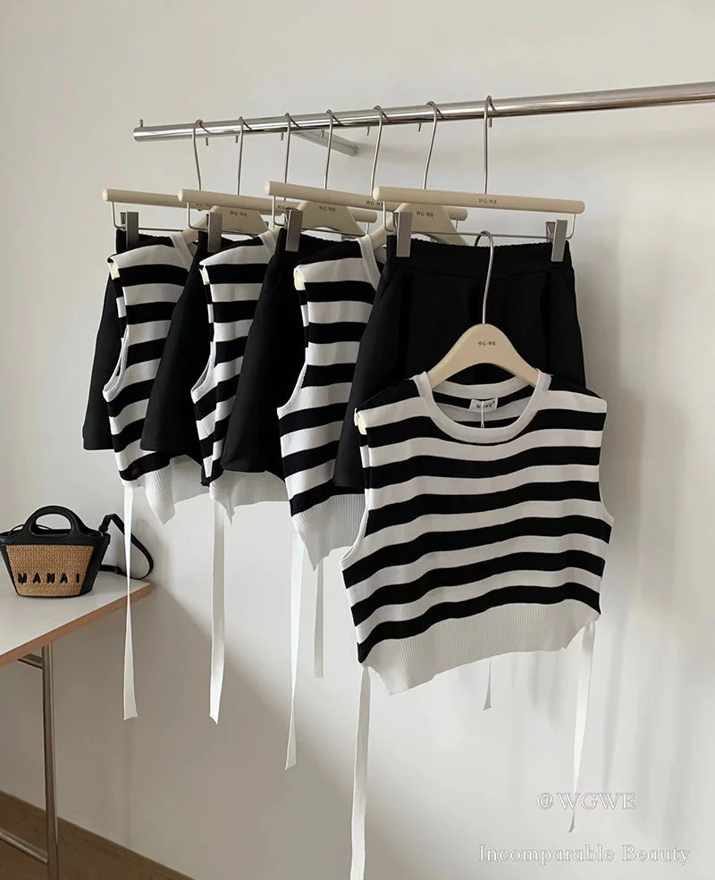 

Shoulder Pad Sleeveless Striped Knit Vest T-shirt Women's Summer Ice Silk Round Neck Tops