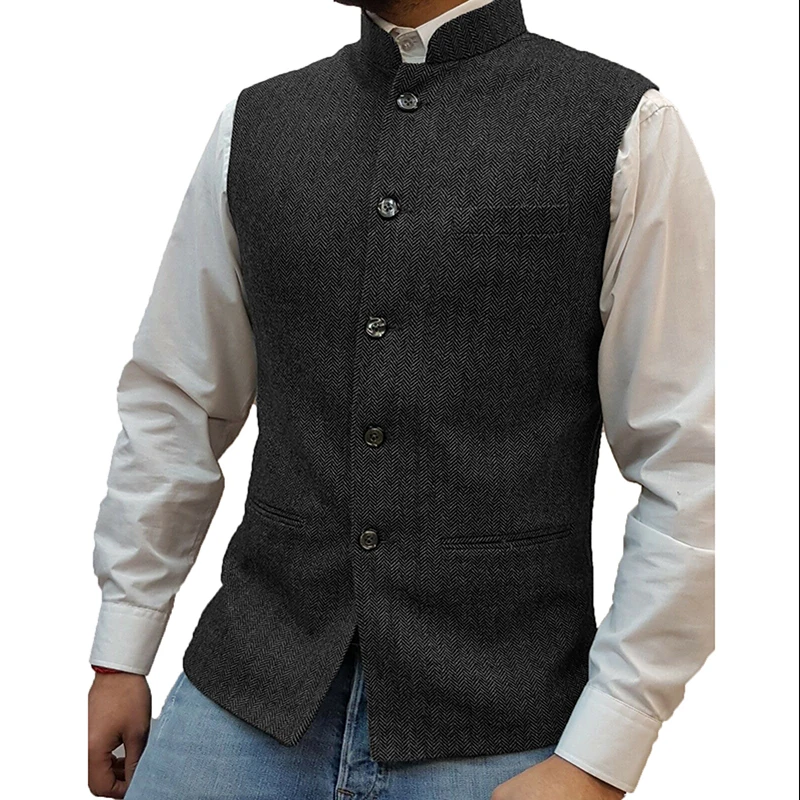 

Business Casual Men Solid Blazers Vest Fashion Sleeveless Stand Collar Single Breasted Coat For Men Slim Herringbone Woolen Vest