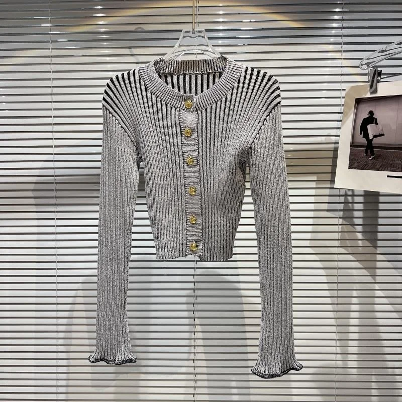 

Metal Buckle Bright Silk Thick Strip Slim Crop Knitted Cardigan Spring Fitted Women Crop Tops