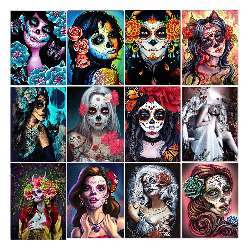 

Алмазная 5D мозаика «сделай сам» с изображением сахарного черепа женский набор для вышивки крестиком темная Готическая девушка алмазная жи...