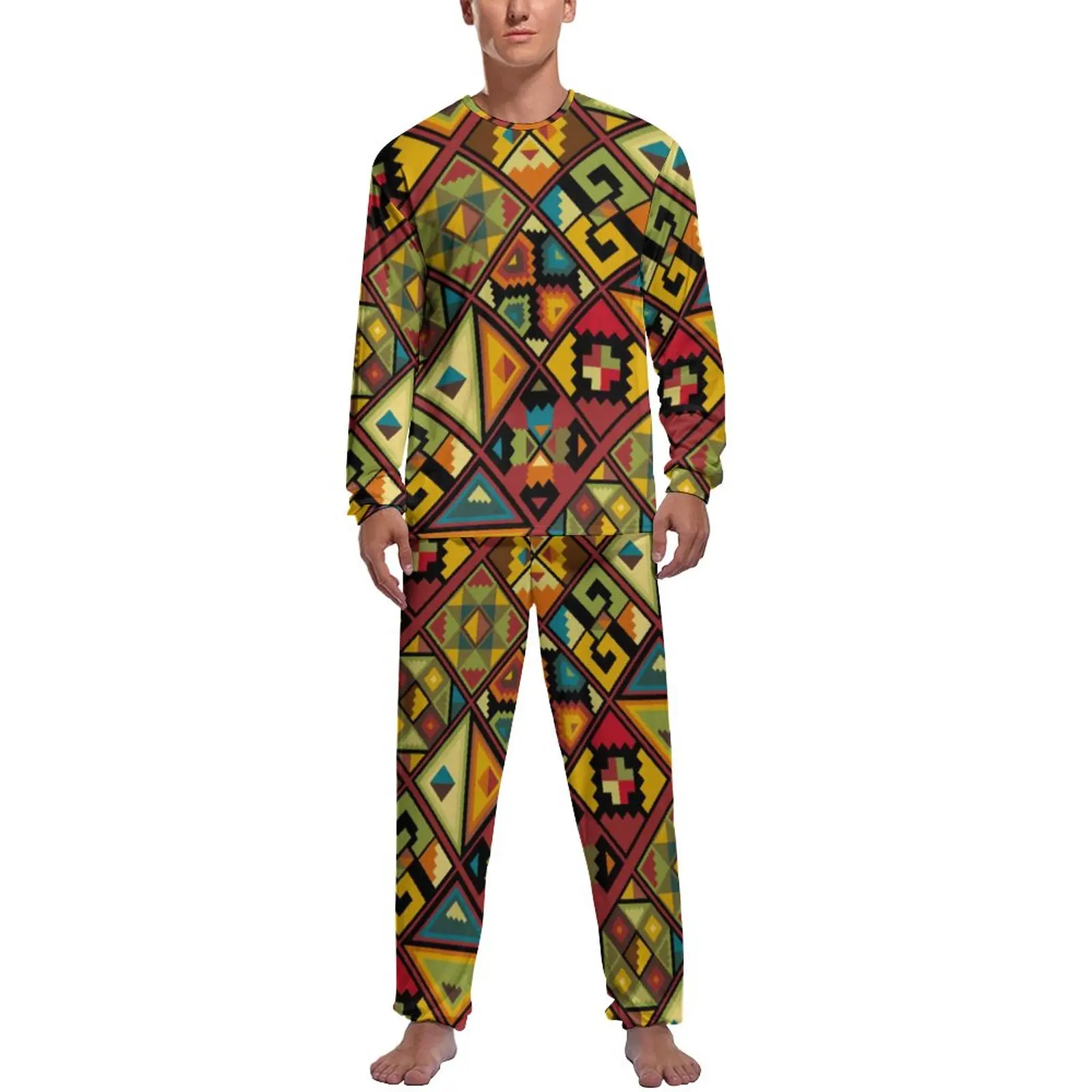 African Style Pajamas Autumn 2 Pieces Colorful Geometry Warm Pajama Sets Mens Long Sleeves Casual Custom Nightwear