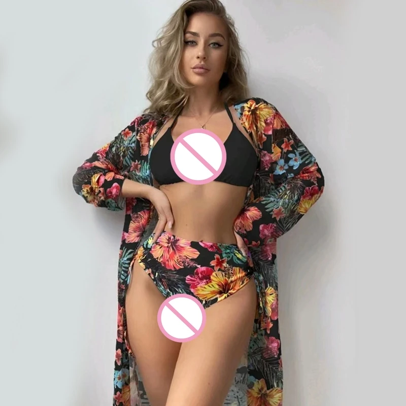 

3 Pieces High Waist Swimsuit for Women Floral Print Bathing Suit Halter Bikinis