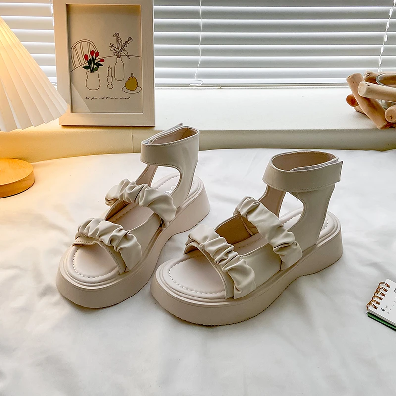 

Female Sandal 2022 Summer Clear Heels All-Match Comfort Shoes for Women Med Girls Clogs Beige Medium Fashion Flat New Back Strap