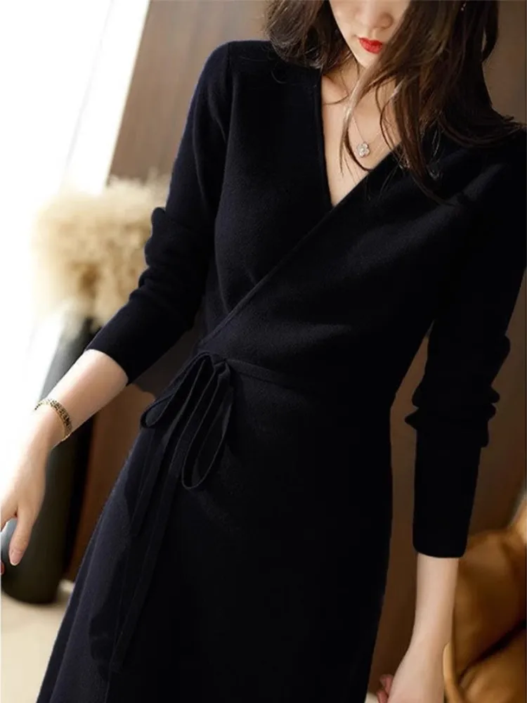 Вязаное платье в стиле ретро с v-образным вырезом для женщин осень/зима