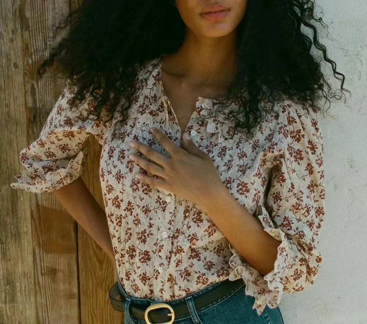 

High Quality 2023 Spring Women Fashion Designer Vintage Style Ruffles Sleeve Flower Print Lace Embroidery Edge Casual Blouse