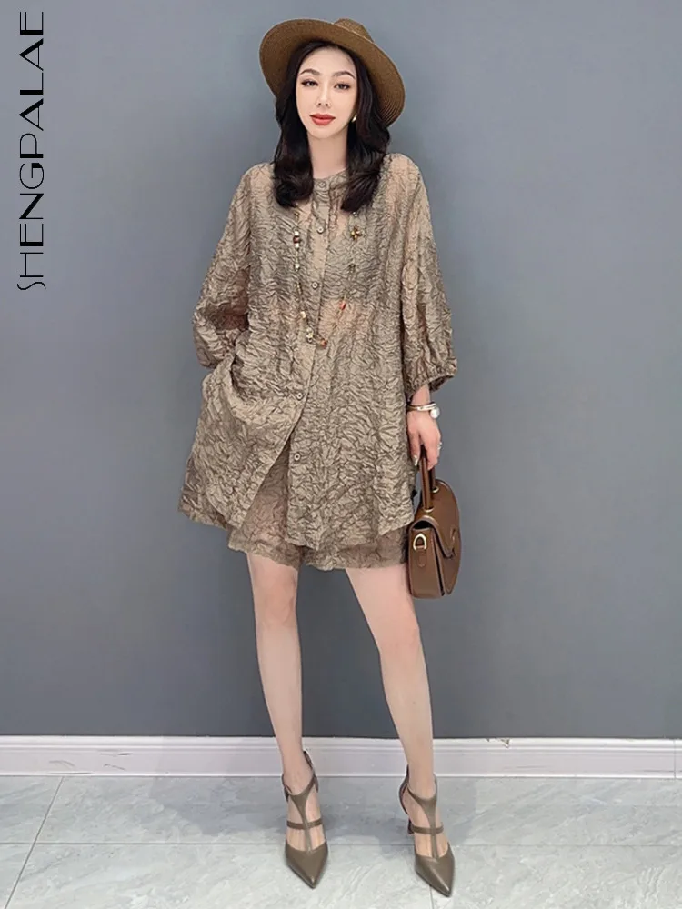 

SHENGPALAE 2 Piece Set Korean Elegant Chic Crimping Sunscreen O-neck Shirt Top+Shorts Women's 2023 Summer New Clothing 5R3182