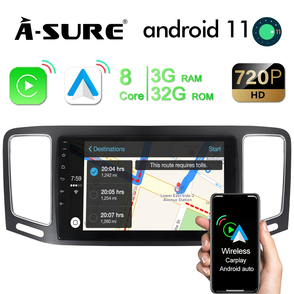 

A-SURE 9'' Android 11 Car Radio Wireless CarPlay GPS Navigation For Volkswagen VW Sharan Seat Alhambra Octa Core 3+32GB DSP WIFI