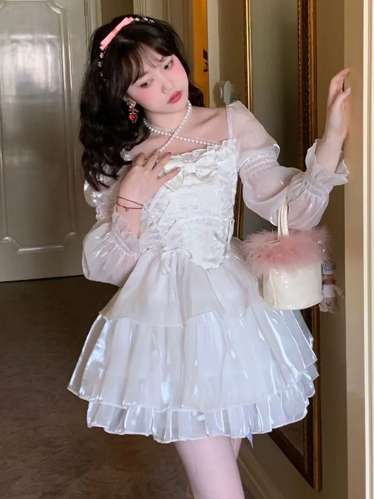 Японское белое милое сказочное платье в стиле &quotЛолита&quot женское мини-платье с