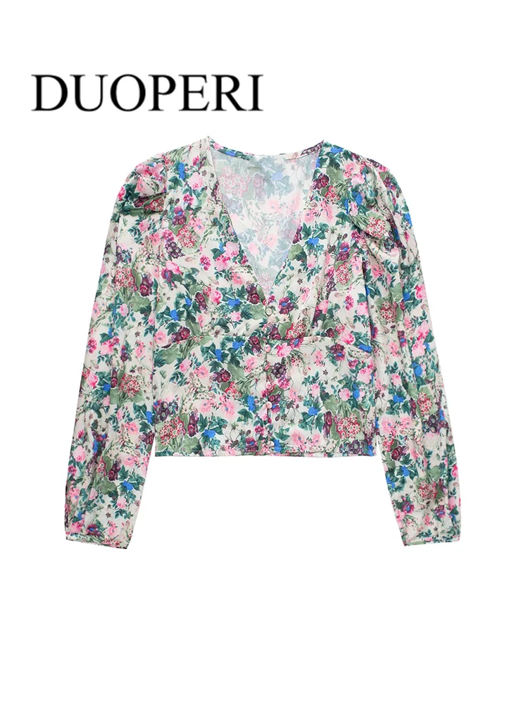 

DUOPERI Women Fashion Satin Print Blouses With Pockets Vintage Long Sleeve Single Breasted Female Shirts Outfits Chic Tops