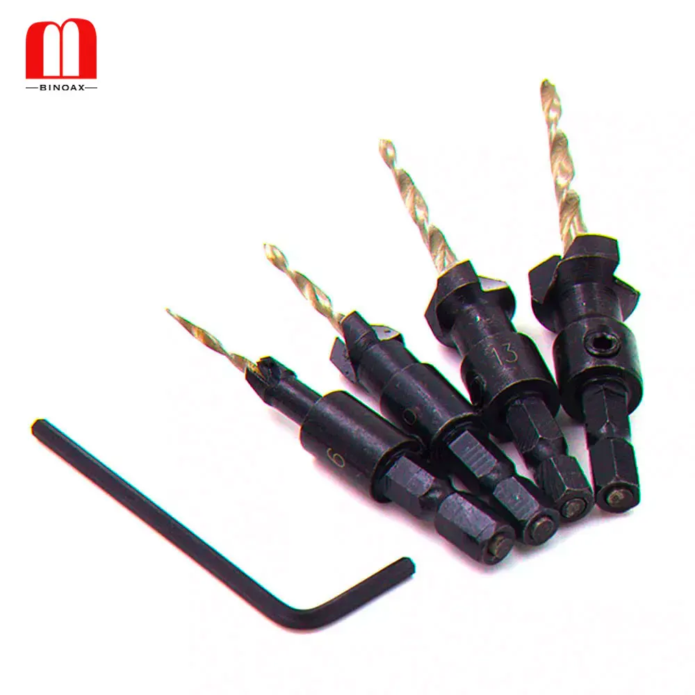 

BINOAX 4Pcs HSS 4241 Carpentry Countersink Drill Bit Set Quick Change Hex Shank Screw #6 #10 #13 #16