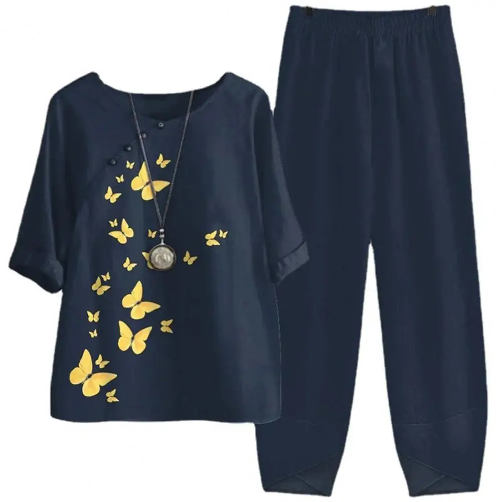 

Женский комплект из футболки и брюк, свободный летний комплект из дышащей футболки и длинных брюк с эластичным поясом