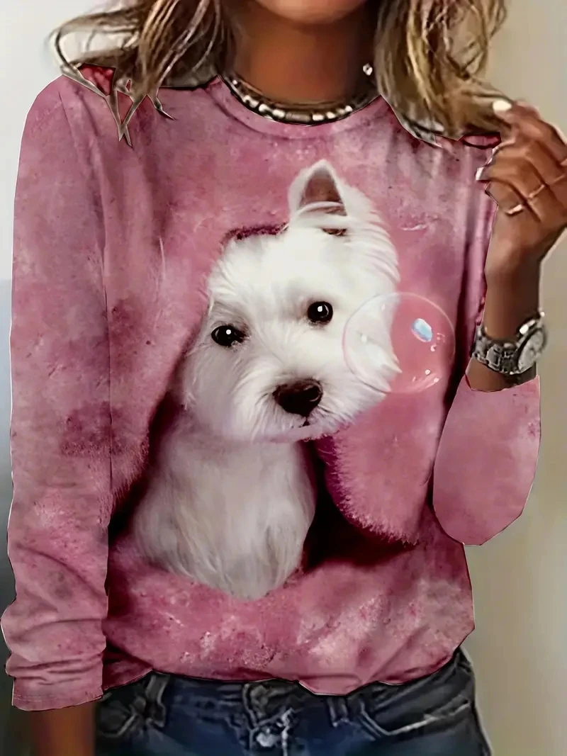 

Женская футболка с 3D-принтом милой собаки, модные футболки с животными, повседневные топы с длинным рукавом, футболки, винтажная свободная футболка