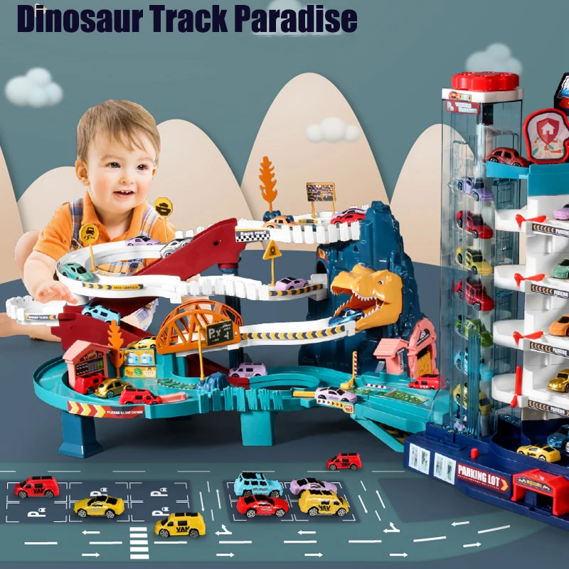 

Electric Rail Car Dinosaur Building Parking Lot Adventure Racing Rail Car Toys Children Brain Mechanical Interactive Rail Cars