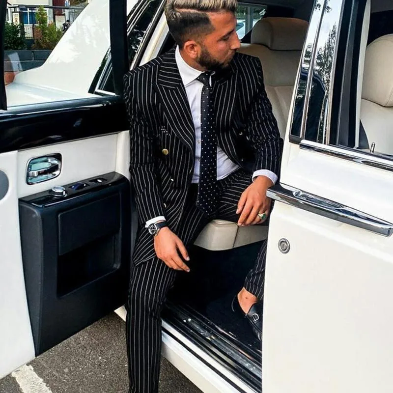 

Black Pinstripe Men Suit Tailor-Made 2 Pieces Blazer Pants Double Breasted Fashion Work Wear Wedding Groom Causal Prom Tailored