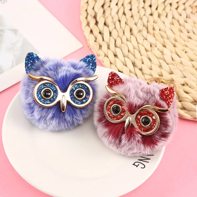 

Charm Keychain for Girls Big Eyes Owl Fur Ball Pendant Imitation Rex Rabbit Fur Ladies Bags Key Ring Pink Room Decor Girl Gifts