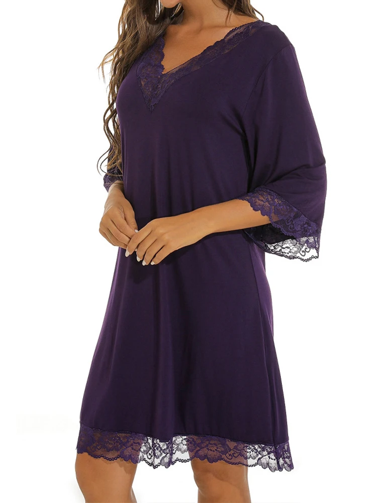 Solid V Neck Half-Sleeve Nightdress Women Nightgowns Sexy Lace Patchwork Cotton Sleepwear Female Nightwear Casual Sleeping Dress