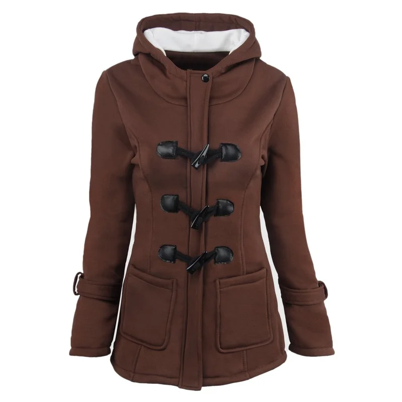 Autumn Winter Thick Hooded Jacket Parkas Women Single Breasted Horn Button Warm Coats Solid Color Pocket Casual Commute Outwears
