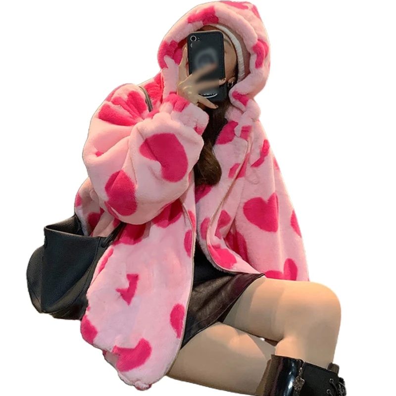 

Women's Oversized Hooded Cardigan Coat Heart Printed Plush Coat Streetwear