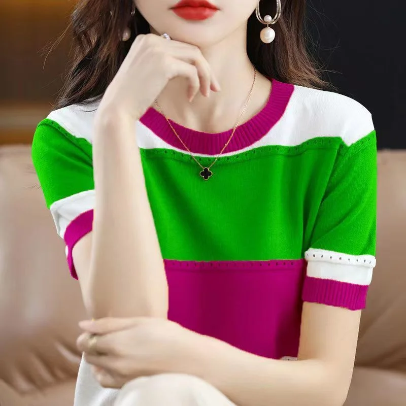 

2023 Summer New Ice Silk T-shirt Short-sleeved Stripes Top Women's Round Neck Color Matching Hollow Loose Thin Knitted Sweater