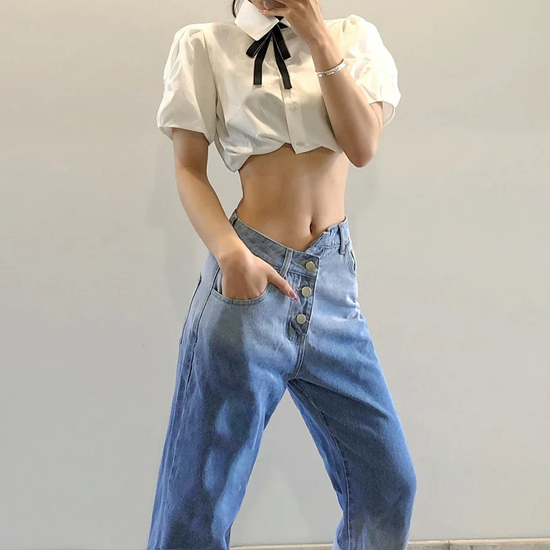 

Spring and Summer Women's Clothing Style Worn Buttons Women's Loose High-waisted Street Fashion Gradient Split Straight Jeans