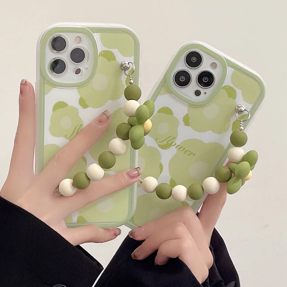 

Korea Cute Green Flowers Bracelet Painting Silicone Phone Case For iphone 13 Pro Max 11 12 Pro XR X XS Max 7 8 plus soft Cover