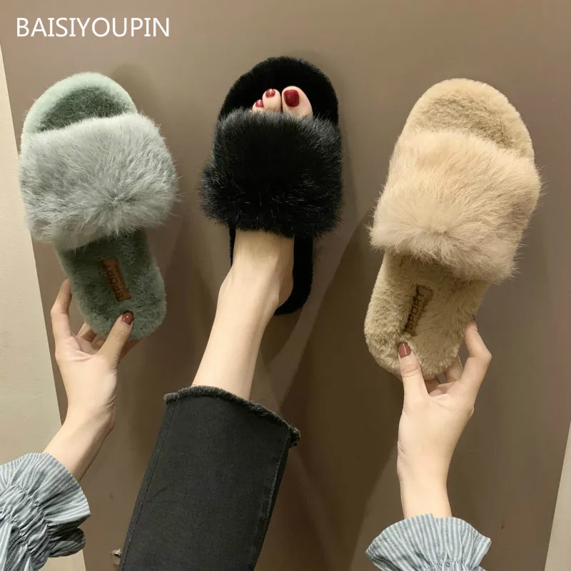 

2023 Autumn/Winter Women Shoes Solid Casual Faux Fur Indoor Shallow Flat with1.5cm High Heels Home Student Female Warm Slippers