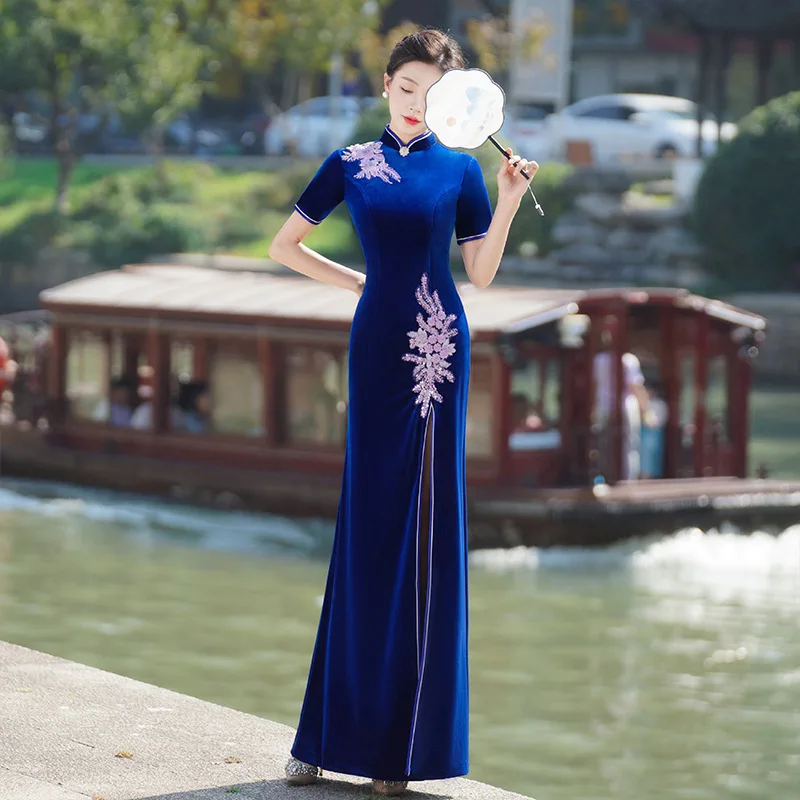 Женское платье-Ципао с коротким рукавом синее велюровое платье разрезом спереди