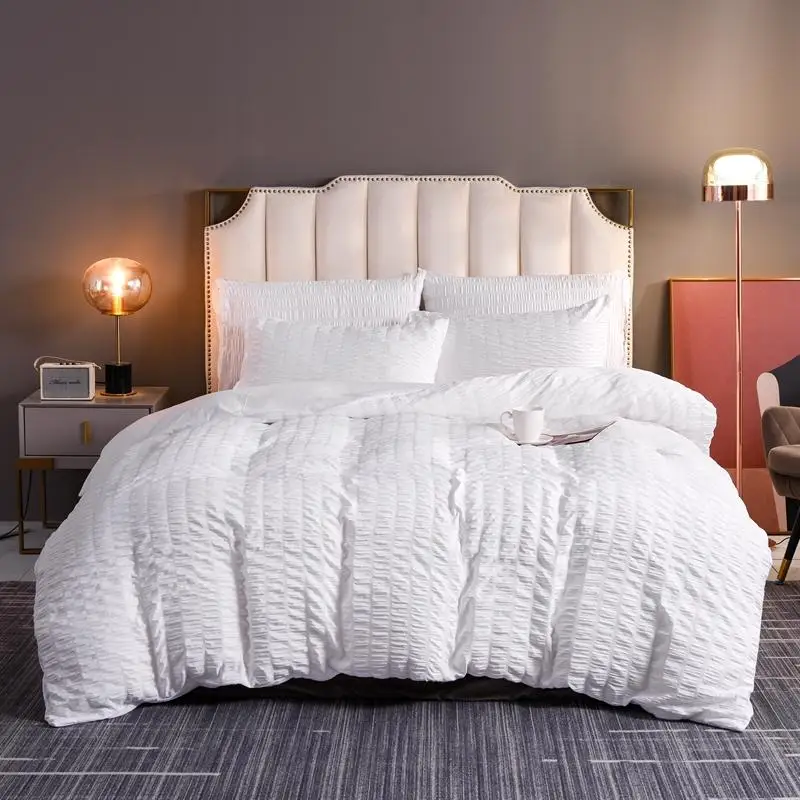 

46Solid Color Seersucker Bedding Set White Yellow Duvet Cover 220x240 King Single Double Queen Soft Bedclothes No Bed Sheet