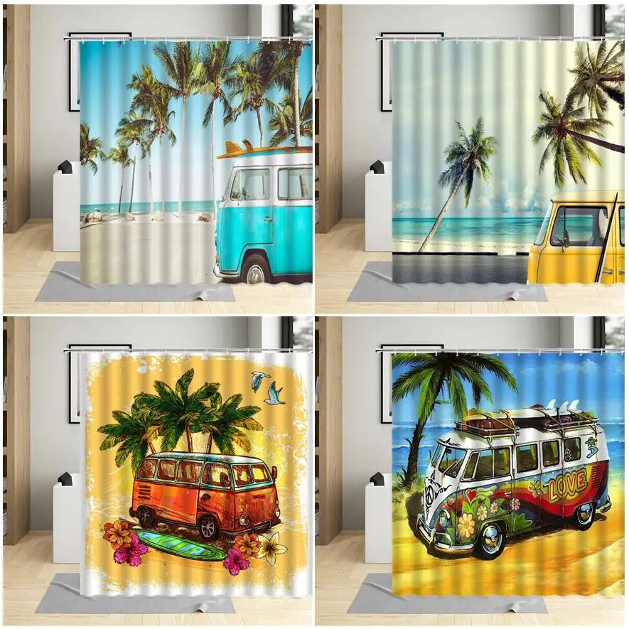 

Travel Bus Surf Shower Curtains Ocean Beach Palm Trees Surfboard Creative Bath Curtain Set Fabric Home Bathroom Decor With Hooks