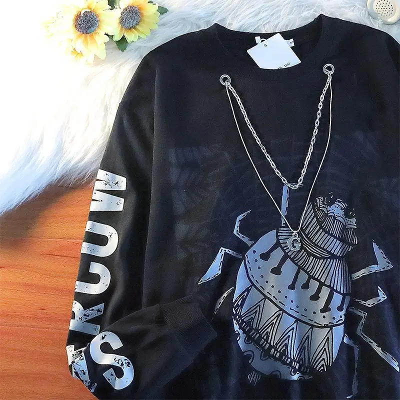 

American hip-hop fried street print chain long-sleeved T-shirt niche design loose sweater trend autumn top