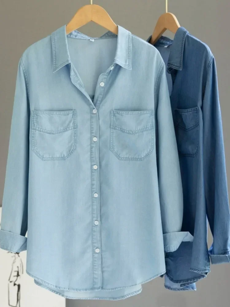 Корейская шикарная джинсовая блузка с карманами неправильной формы женская