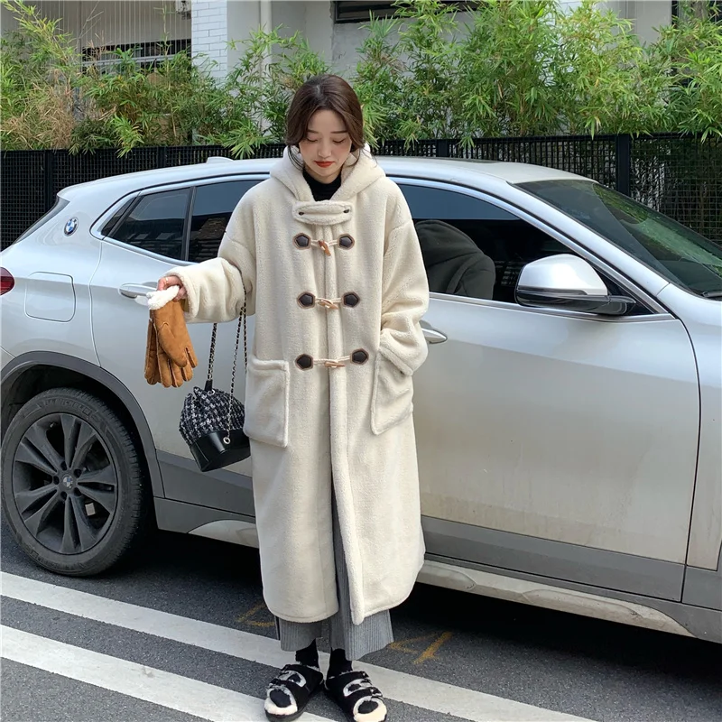Winter Long Lamb Fur Coat Jacket for Women Loose Plush Overcoat Horn Button Parkas Hooded Straight Warm Outerwear Female