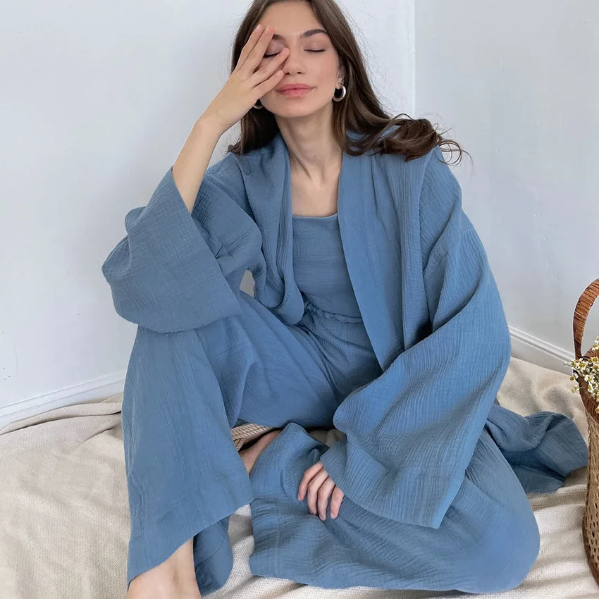 New spring and autumn women's kimono suit simple loose pajama+trousers 100% cotton crepe pure color sweat steam clothing pajama